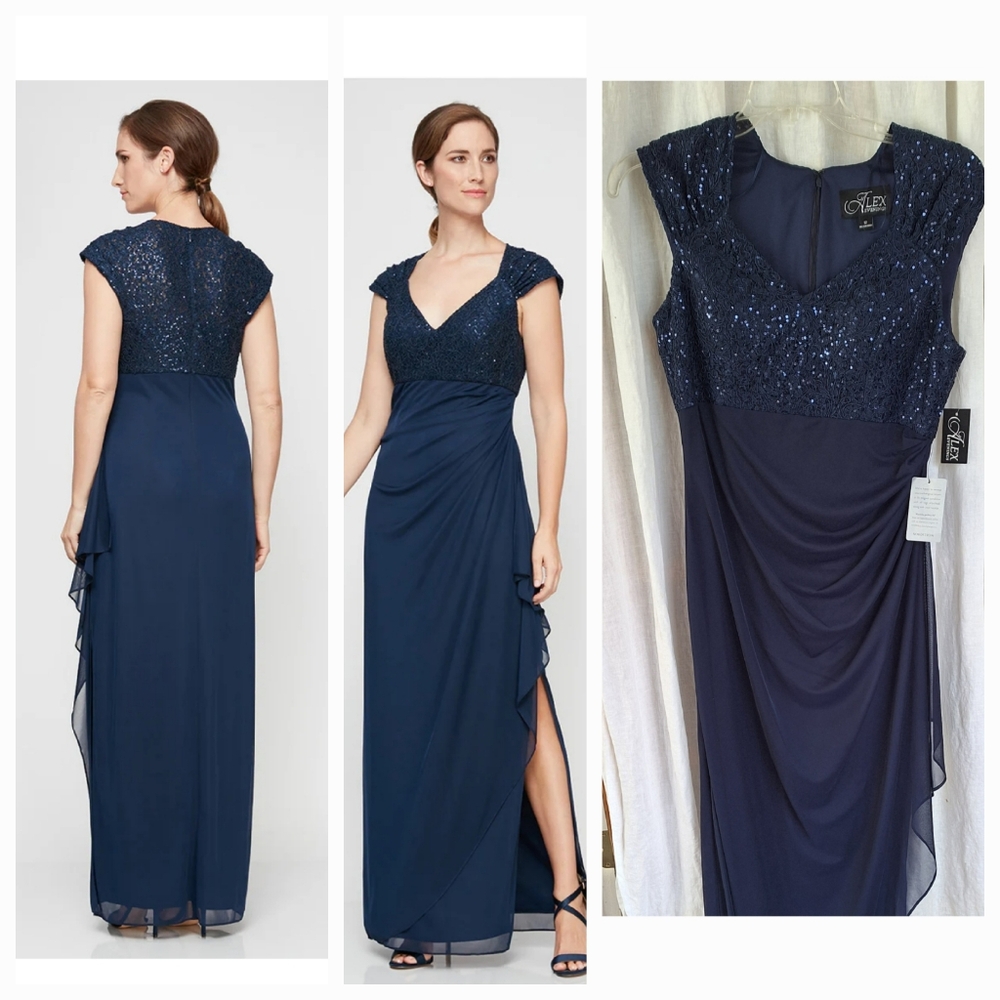 NEW 12 Alex Evenings Navy Blue Cap Sleeve Empire Waist Dress Gown